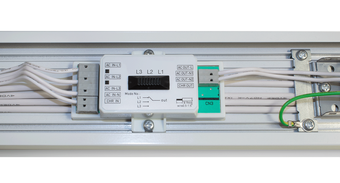 Rückseite LED Universal FLEXO modul mit Phasenumschalter L3 / L2 / L1 per Schieberegler