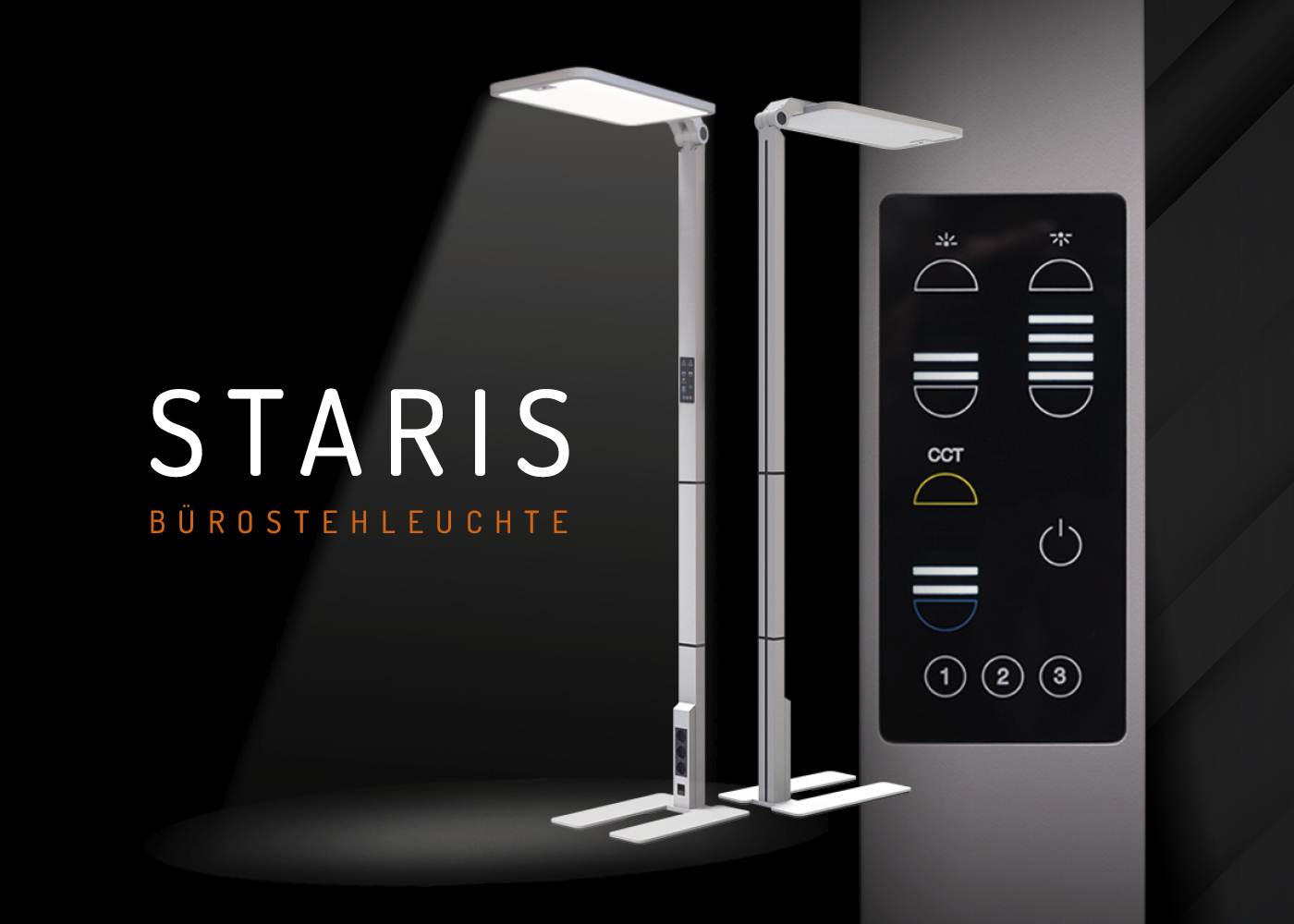 Vorder- und Rückansicht der LED Bürostehleuchte STARIS, silber mit Detailabbildung Display