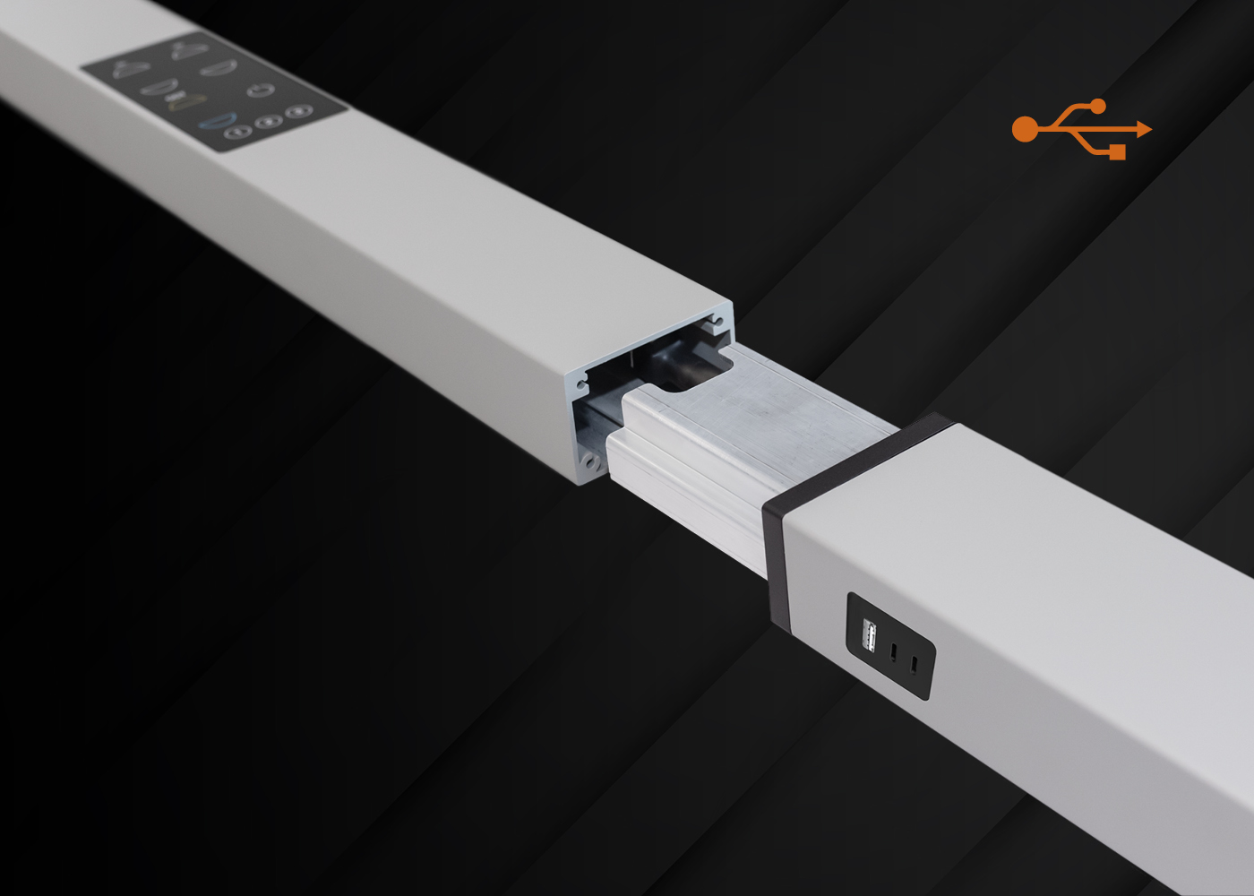 Zusammensteckbares Wechselmodul mit USB-Anschlüssen der LED Bürostehleuchte STARIS, silbergrau