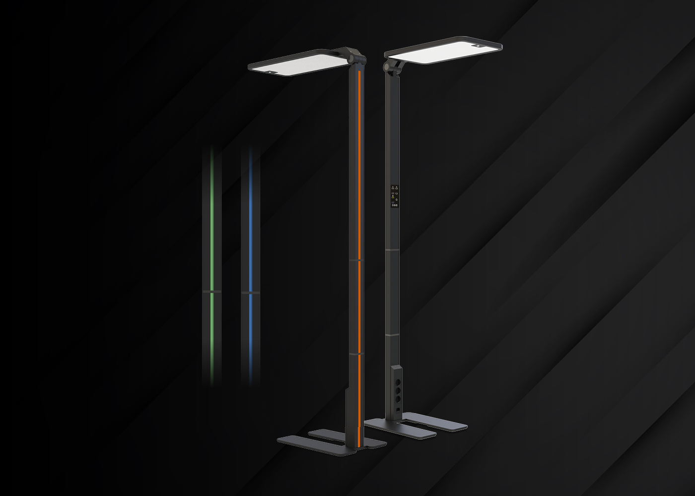 Vorder- und Rückansicht der LED Bürostehleuchte STARIS, schwarz mit wechselbaren Farb-Designleisten auf der Leuchtenrückseite