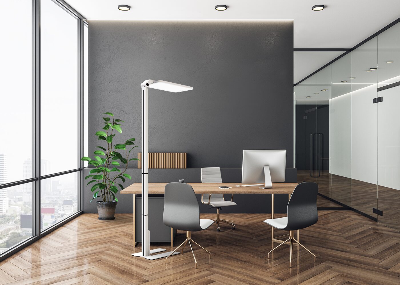 Anwendung Büro LED Bürostehleuchte STARIS, weiß in seitlicher Rückansicht