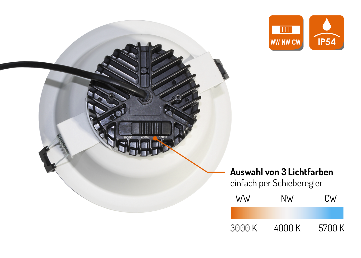 Farbtemperaturumschaltung per Schieberegler auf der Rückseite des LED Downlight SELECT