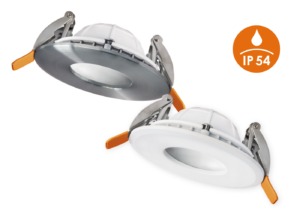 Varianten Ø 82 mm LED Downlight GHOST IP, alu und weiß mit IP54-Icon