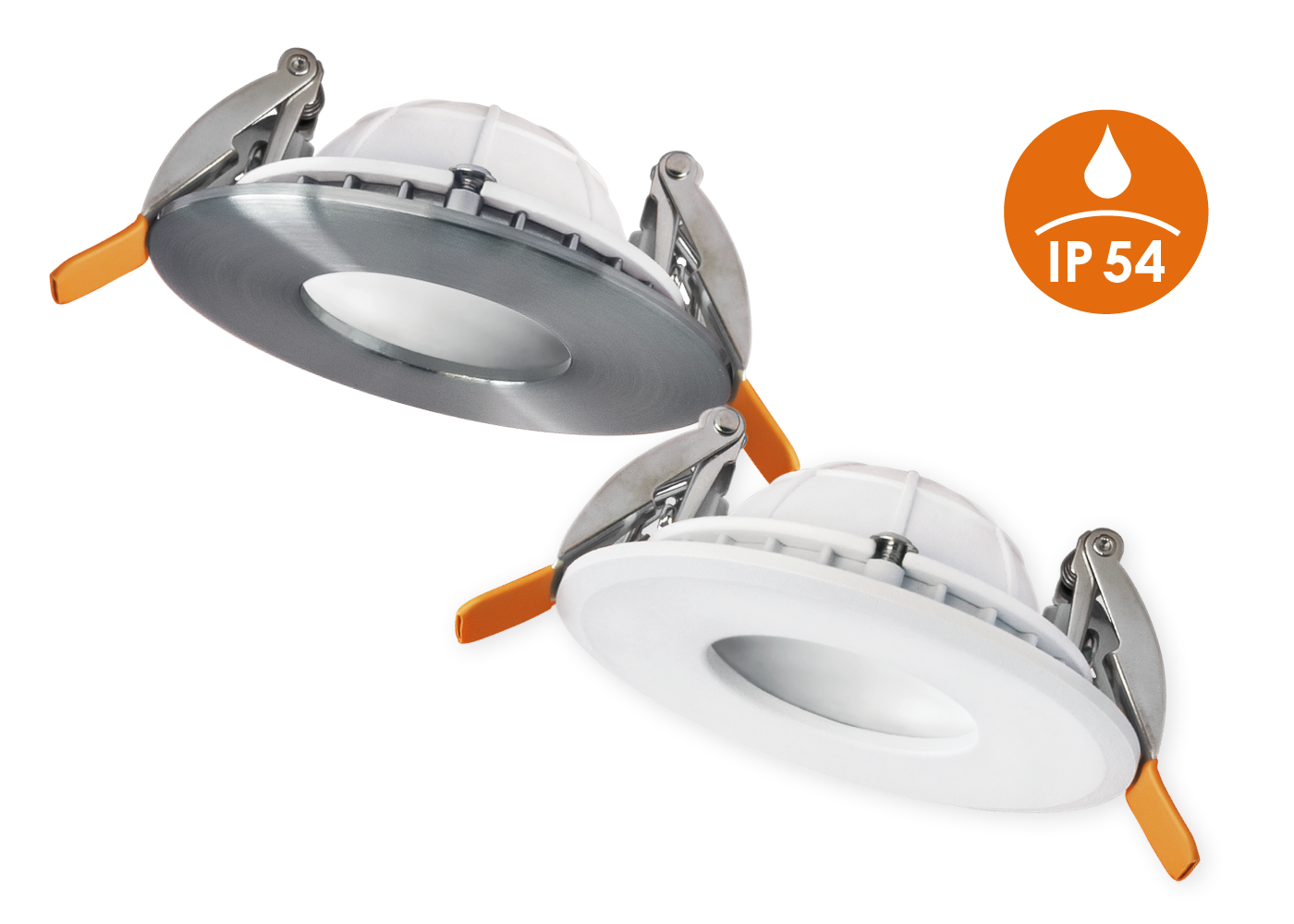 Varianten Ø 82 mm LED Downlight GHOST IP, alu und weiß mit IP54-Icon