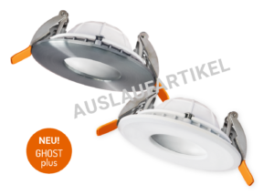 Auslaufartikel - Varianten Ø 82 mm LED Downlight GHOST IP, alu und weiß mit IP54-Icon