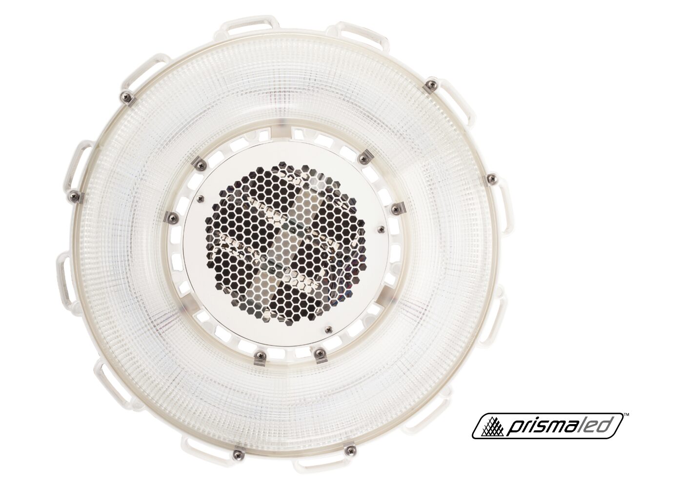Frontale Ansicht LED Hallenleuchte HALOPRISM™ mit großem Glasrefraktor und Logo primaled