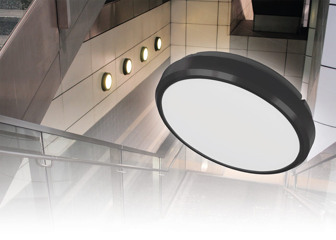 Anwendung Treppenaufgang LED Wand- und Deckenleuchte MONOVA, schwarz