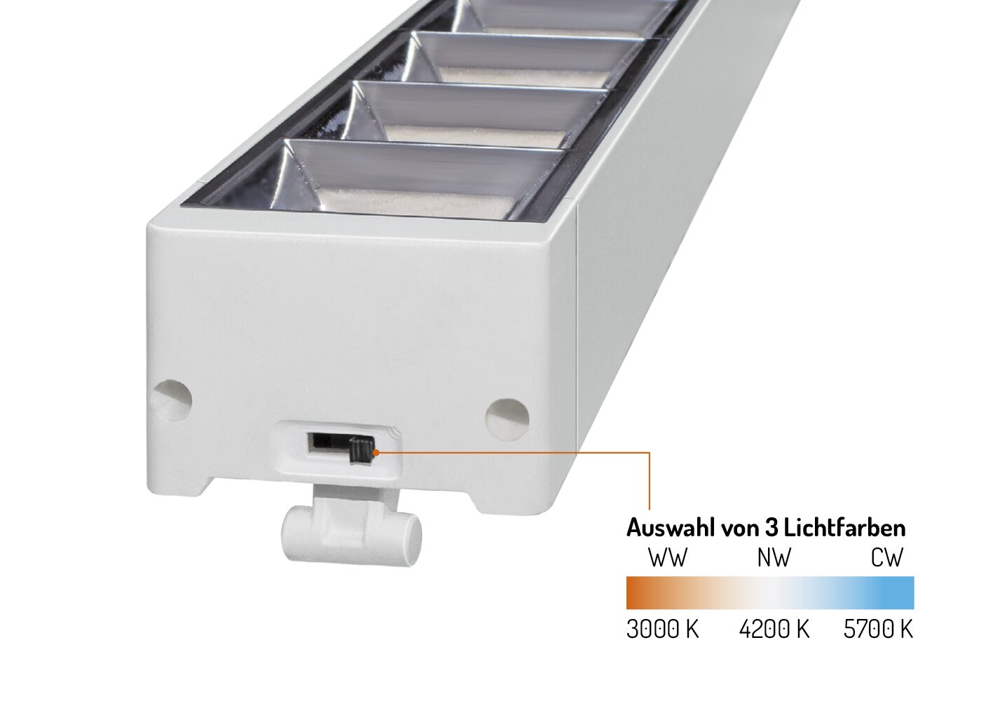 Lichtfarbauswahl 3000 / 4200 / 5700 K per Schieberegler am Reflektormodul LED Panel NOVO click