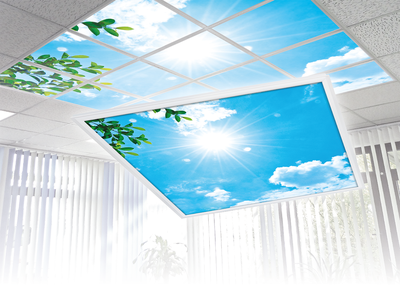 Anwendung Besprechungraum LED PICTURE Panel mit Blauem Wolkenhimmel, Sonne und Ast mit Blättern
