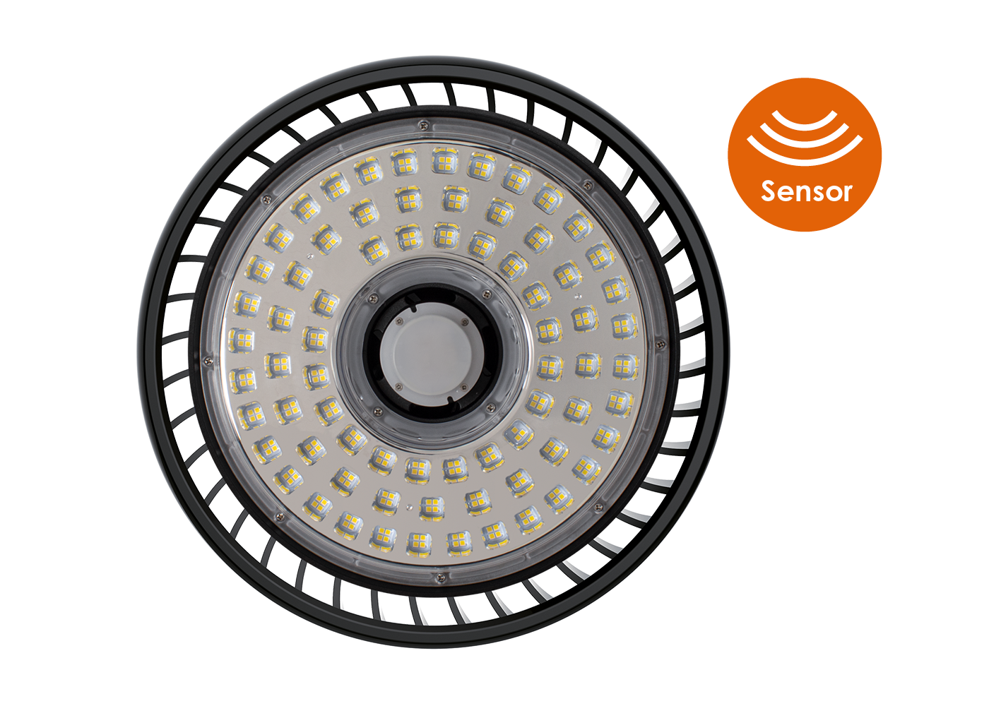 Frontale Ansicht LED Hallentiefstrahler SENSO mit Aussparung für Sensor in der Mitte und Icon Sensor