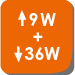 Piktogramm Leistung 9 W oben, 36 W unten, orange