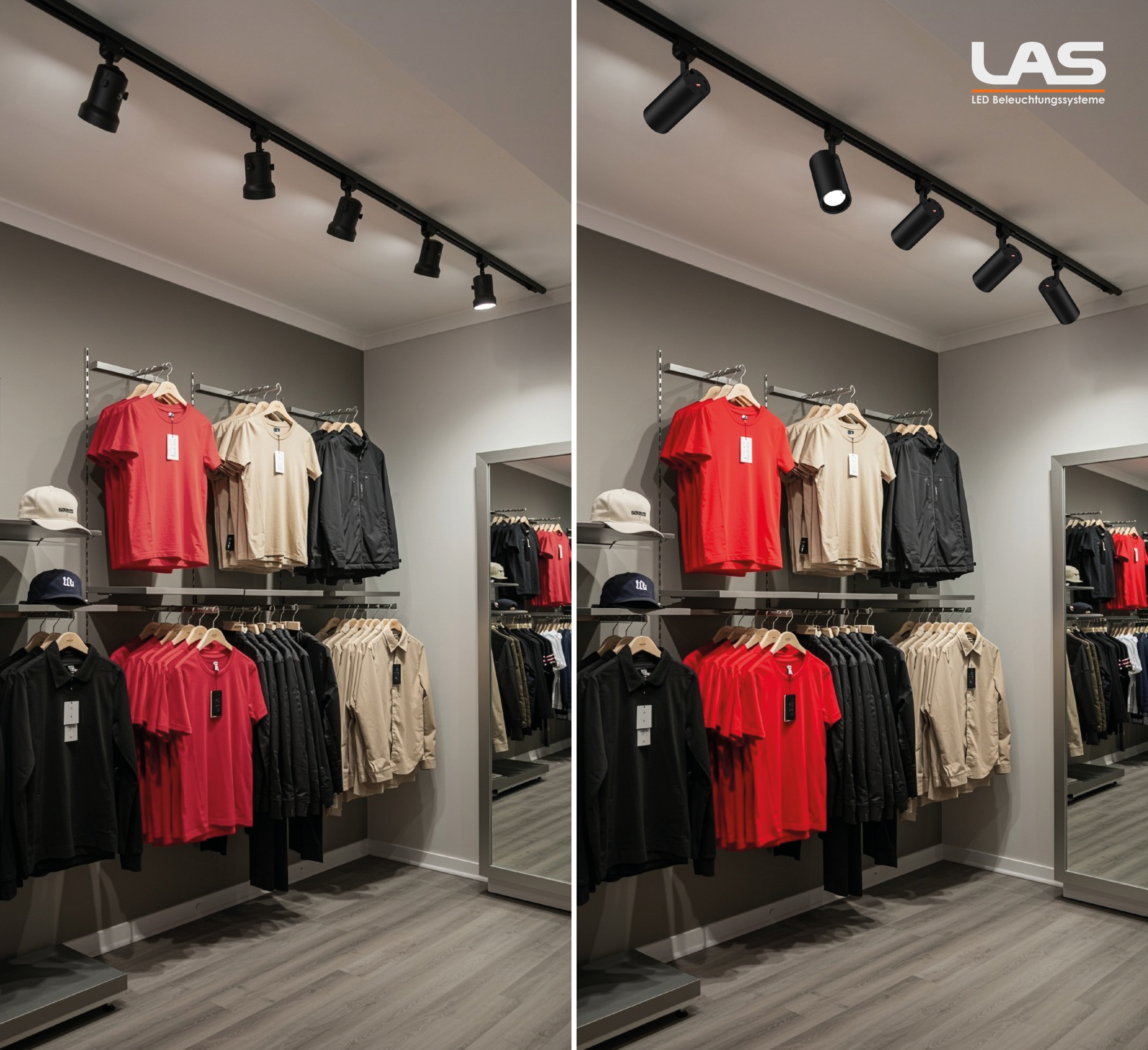 Vergleichsbild Farbwiedergabe Kleidung im Shop ohne und mit LED Tracklight CAMELEO