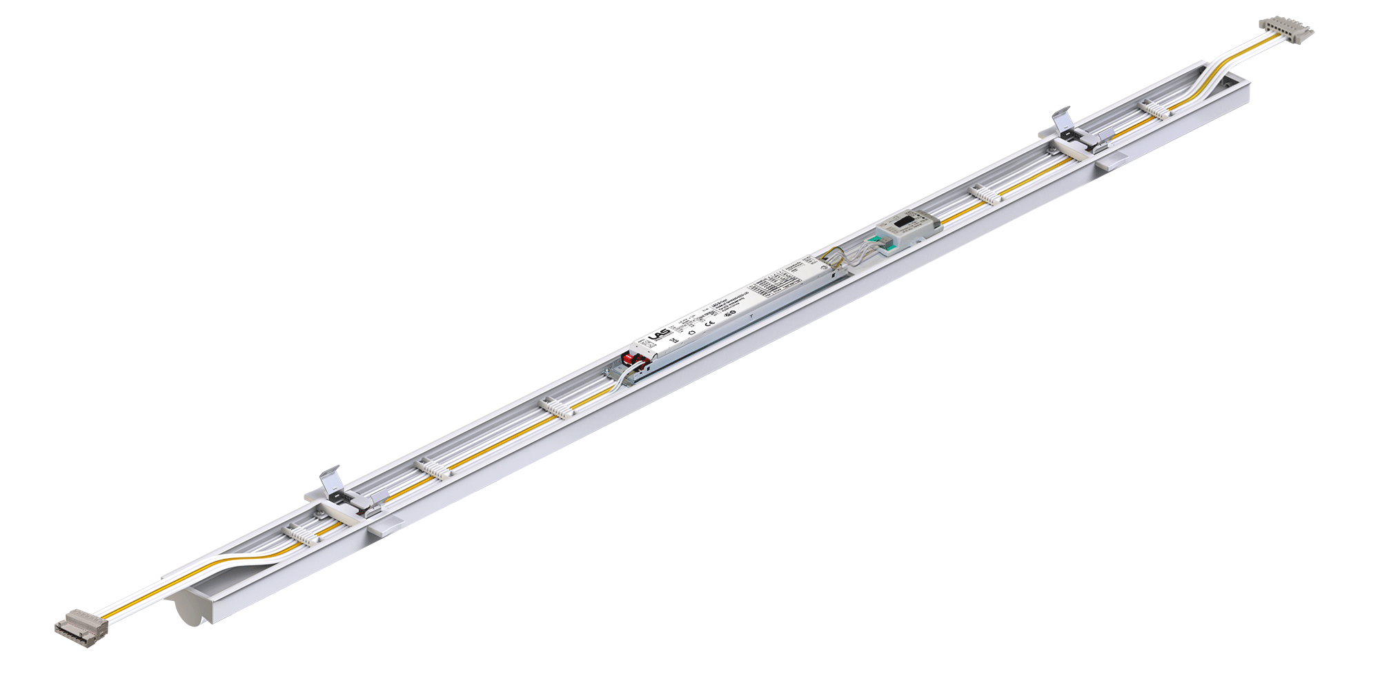 Rückansicht LED Universalmodul FLEXO switch mit Treiber, Phasenumschalter und beidseitigen Steckverbindungen
