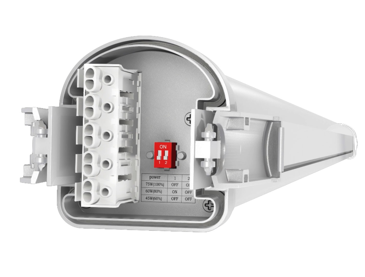 Geöffnete Seitenansicht LED Langfeldleuchte COMPACTO plus mit DIP-Schalter und 5-adrige Durcgangsverdrahtung