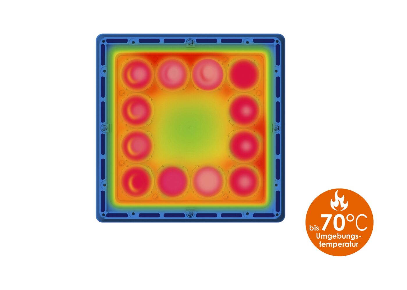 Grafik Temperaturzonen LED Hochtemperaturleuchte PRISMPACK HT mit Icon bis 70° C Umgebungstemperatur