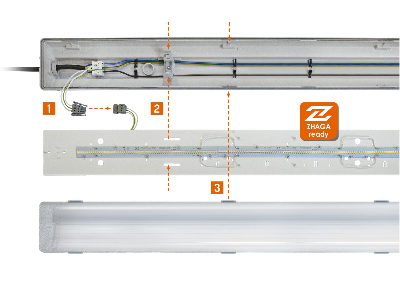 1-2-3-Installationsprinzip LED Agrarleuchte STALLO mit ZHAGA-Icon