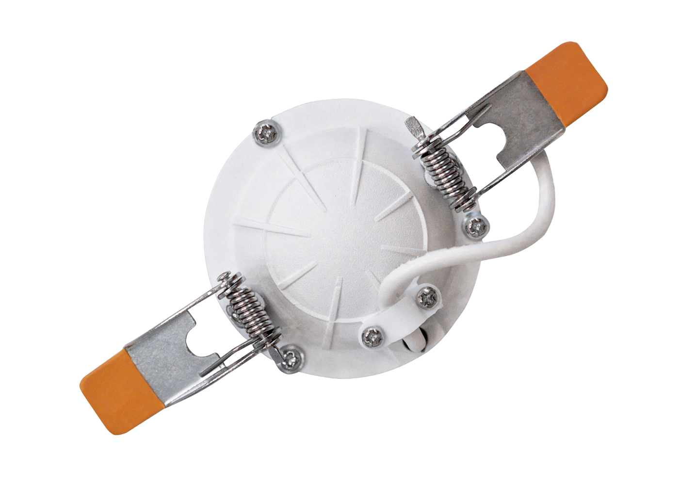 Rückansicht LED Downlight GHOST, weiß mit vernieteten Federklemmen