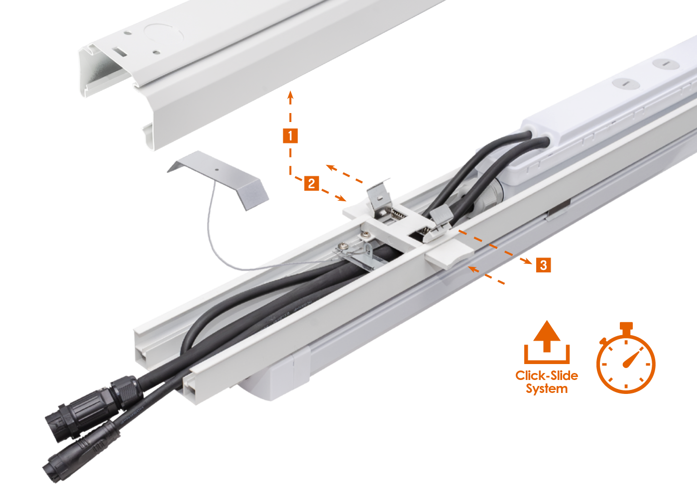 Zeitsparendes Installationsprinzip mit dem Click-Slide-System für LED Universalmodul FLEXO IP