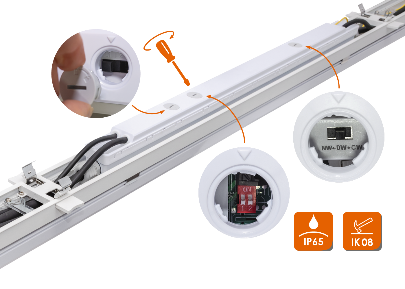 IP65-geschützte Treiberbox des LED Universalmodul FLEXO IP mit 3 separaten Öffnungen für Einstellungen