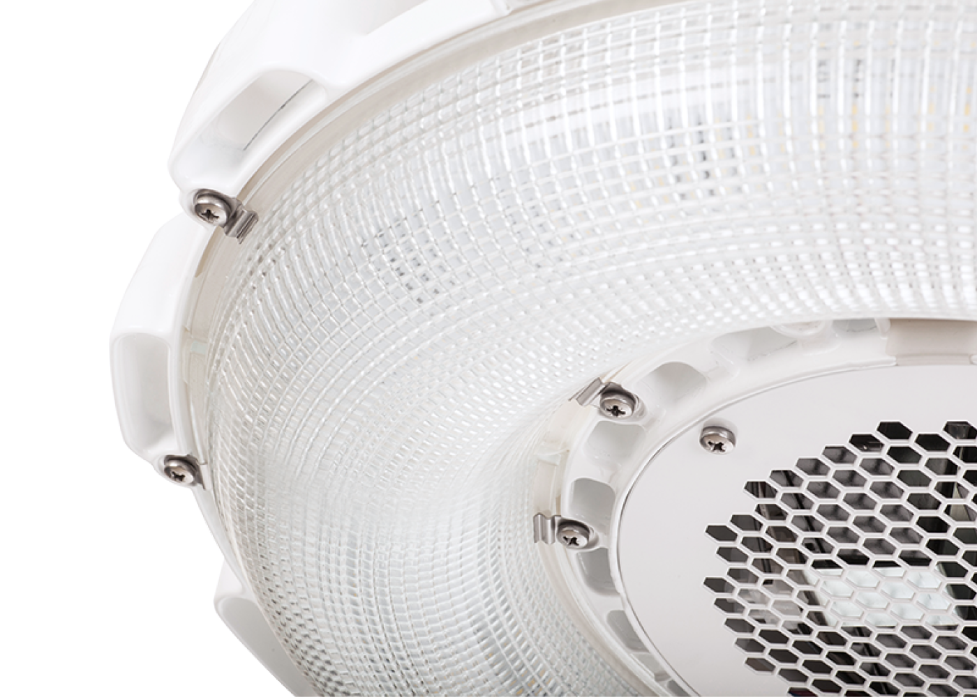 Ausschnitt Glasrefraktor LED Hallenleuchte HALOPRISM™ mit Prismenglaslinsen