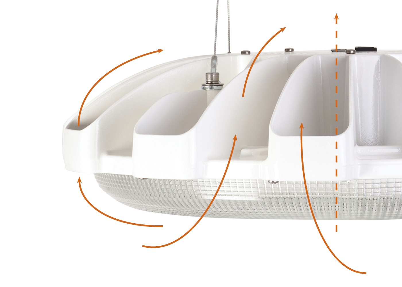 Funktionsprinzip mit Pfeilen zur Darstellung des Venturi-Effekts zur Selbstreinigung der LED Hallenleuchte HALOPRISM™