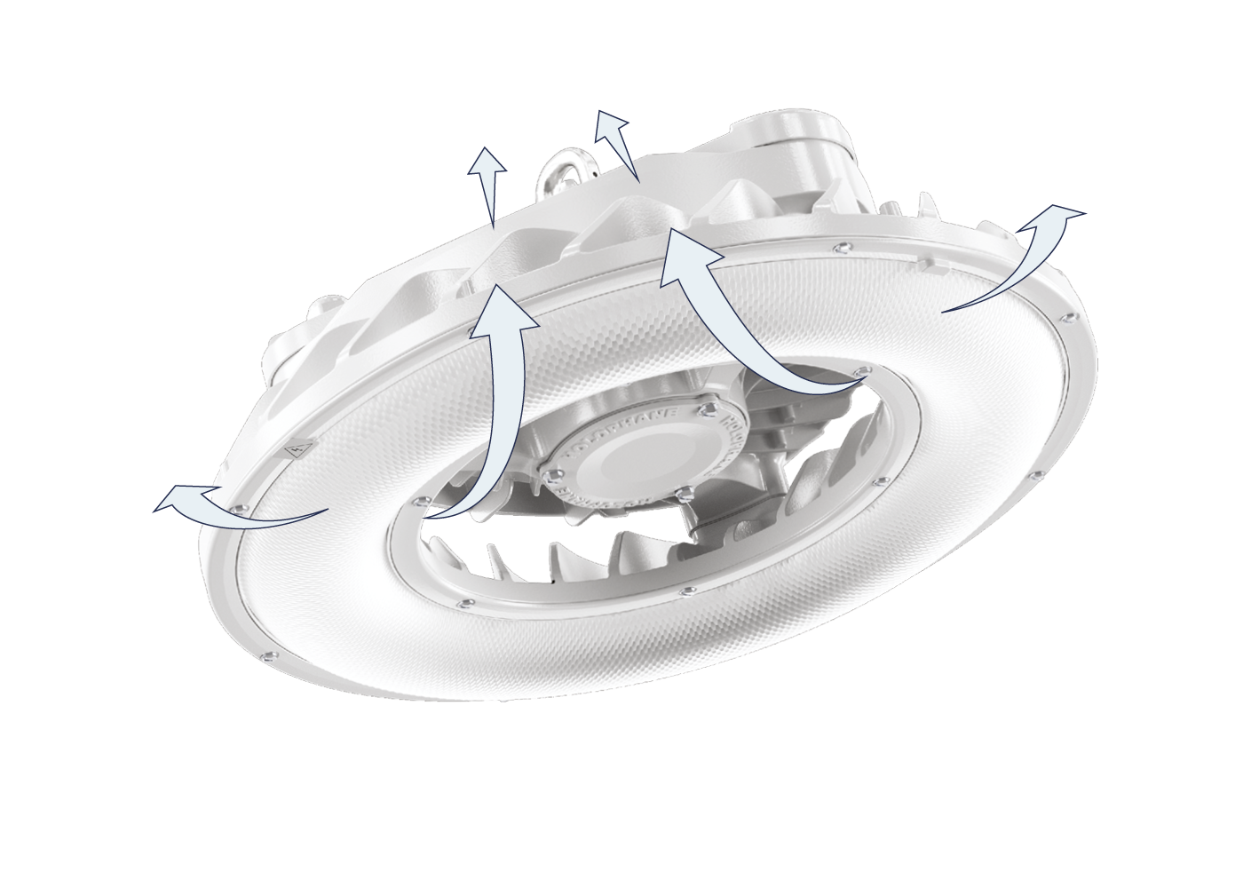 Funktionsprinzip mit Pfeilen zur Darstellung des Venturi-Effekts zur Selbstreinigung der LED Hallenleuchte HOLOBAY™
