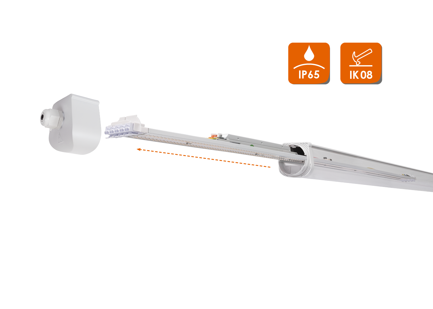 Explosionsabbildung LED Langfeldleuchte IMPACTO mit herausziehbarem LED-Modul und Icons IP65 und IK08