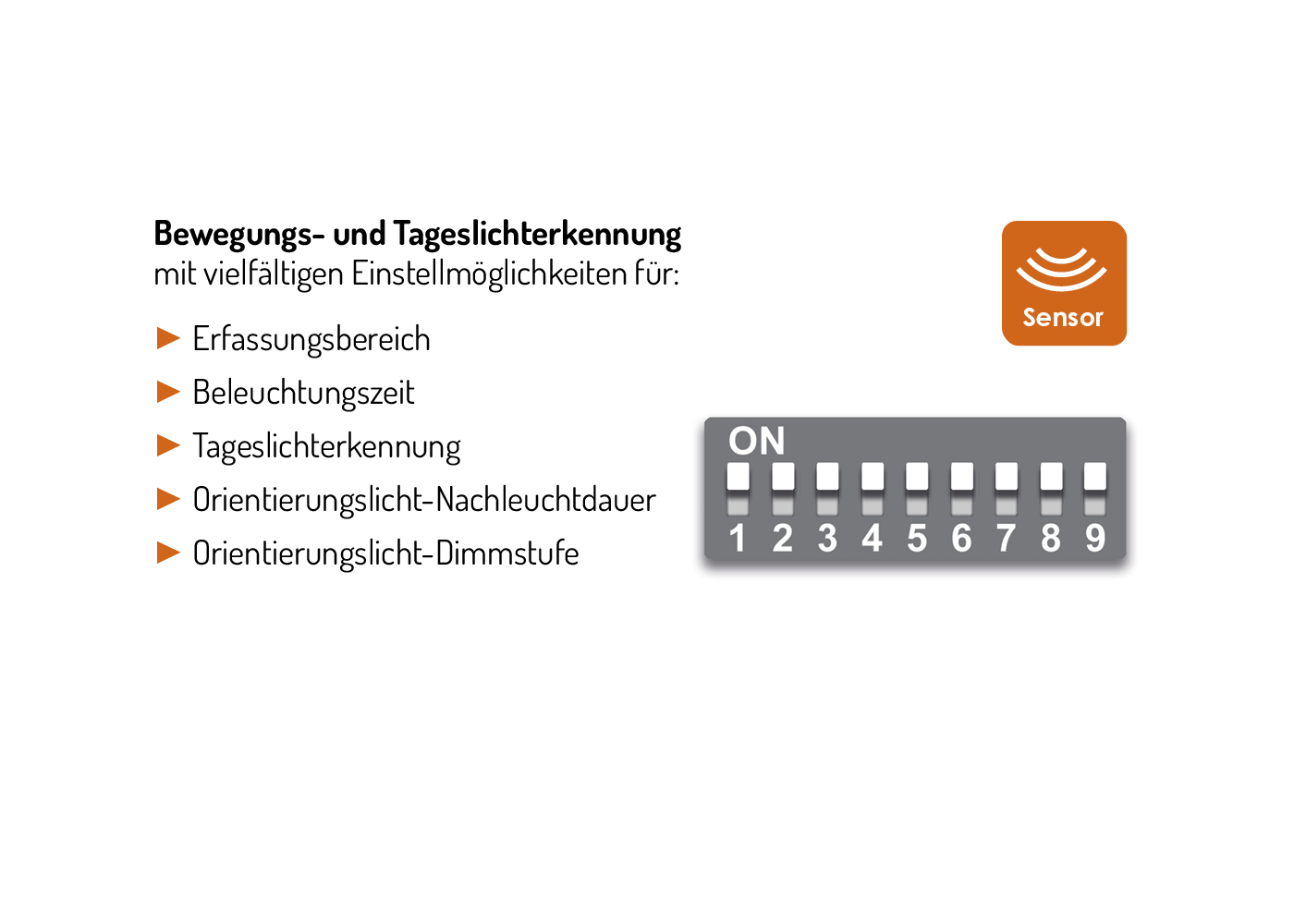 Einstellmöglichkeiten für Bewegungs- und Tageslichterkennung LED Langfeldleuchte IMPACTO smart