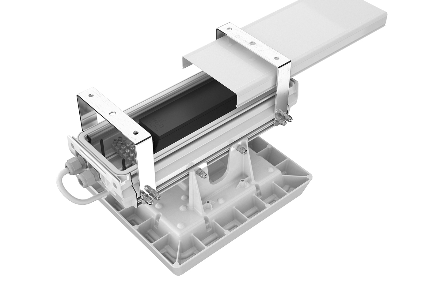 Geöffnete Treiberkammer auf der Rückseite der LED Hallenleuchte PROSMPACK ™, 1 Modul