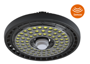 Seitliche Ansicht LED Hallentiefstrahler SENSO mit Aussparung für Sensor in der Mitte und Icon Sensor