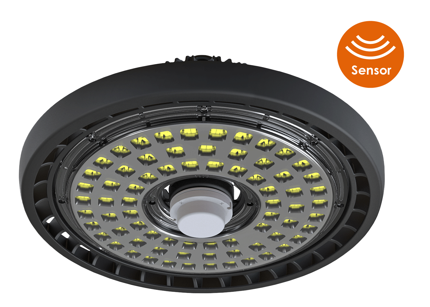 Seitliche Ansicht LED Hallentiefstrahler SENSO mit Aussparung für Sensor in der Mitte und Icon Sensor