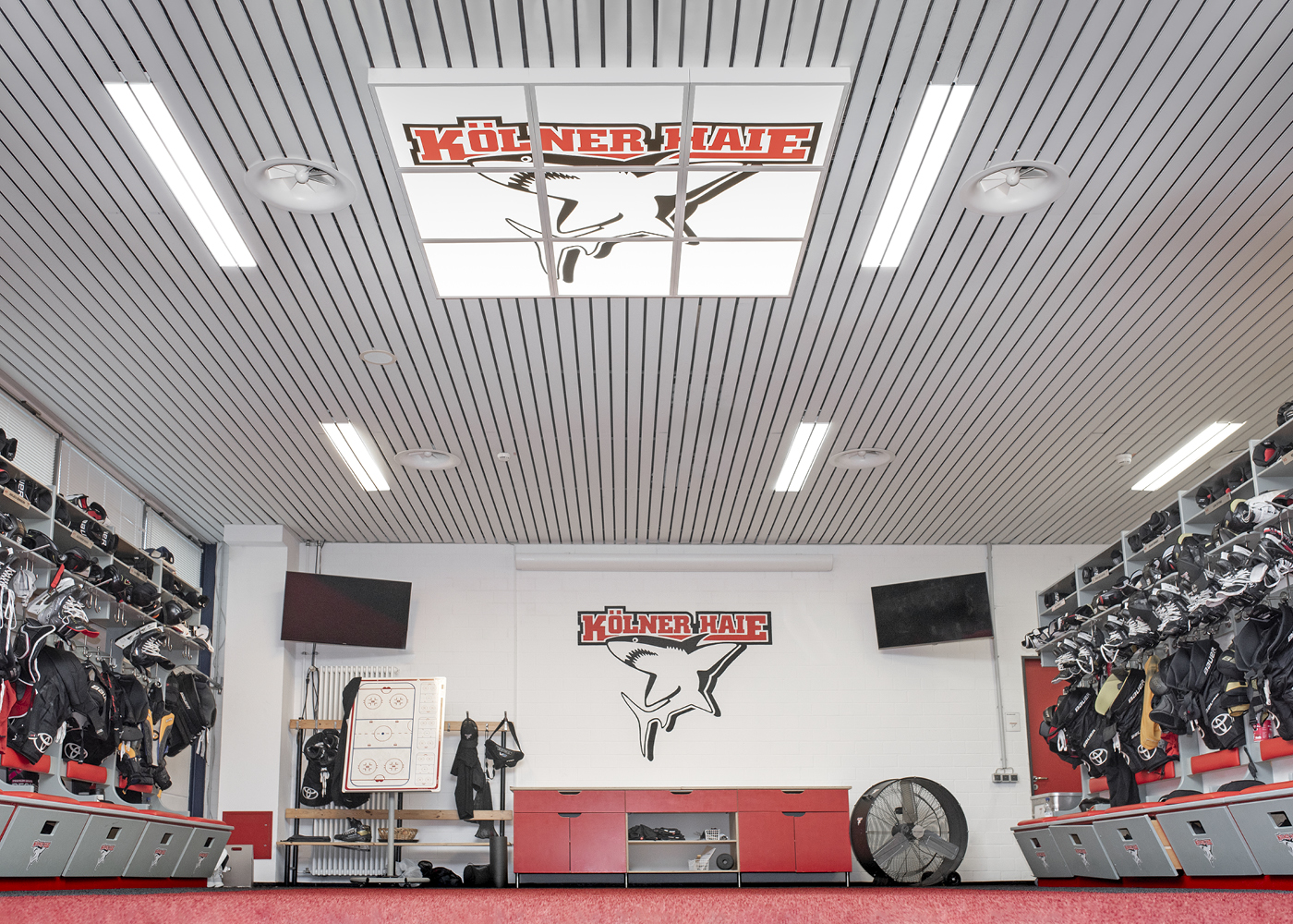 Umkleidekabine der Kölner Haie mit 3 x 3 LED PICTURE Panels und Logobedruckung