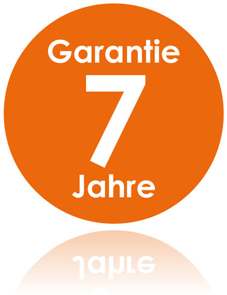 Rundes, orangefarbenes Icon mit Text "7 Jahre Garantie"