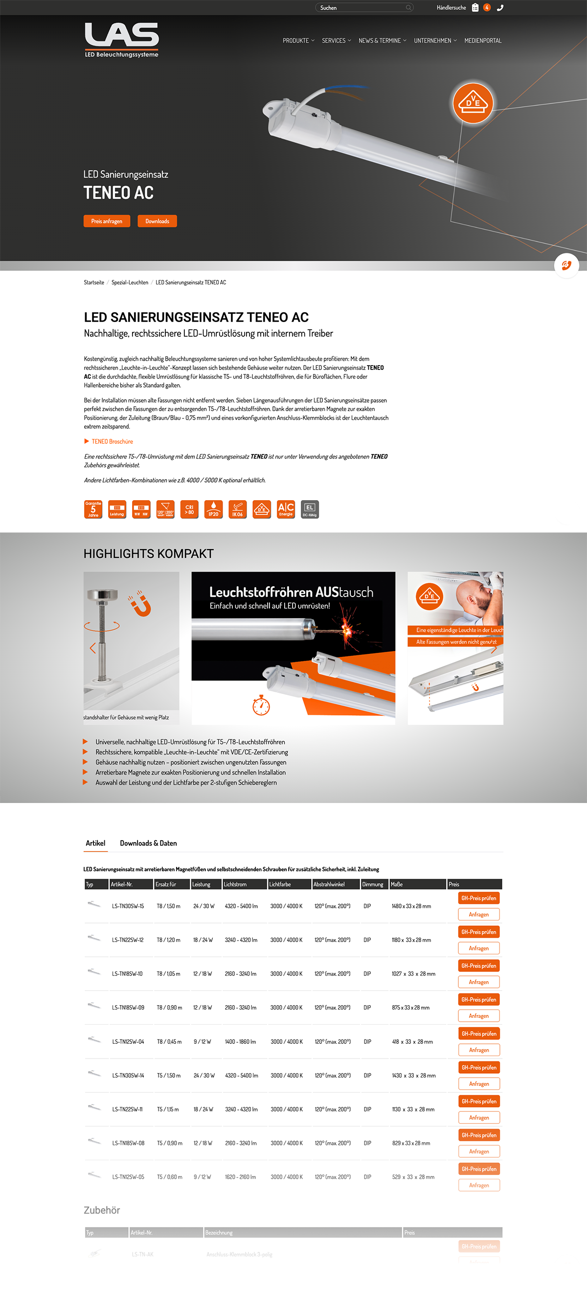 las website teneo produktseite
