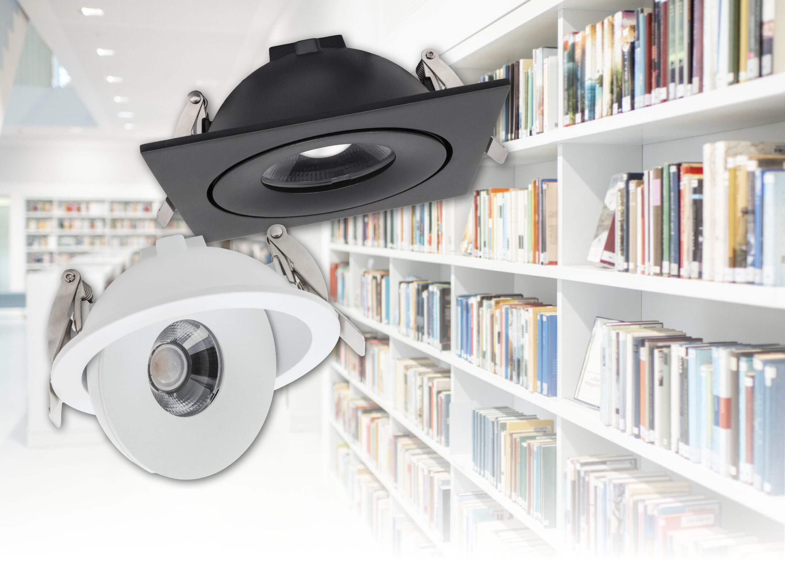 Anwendung Bücherei LED Downlight MOVO in rund und quadratisch, schwarz und weiß