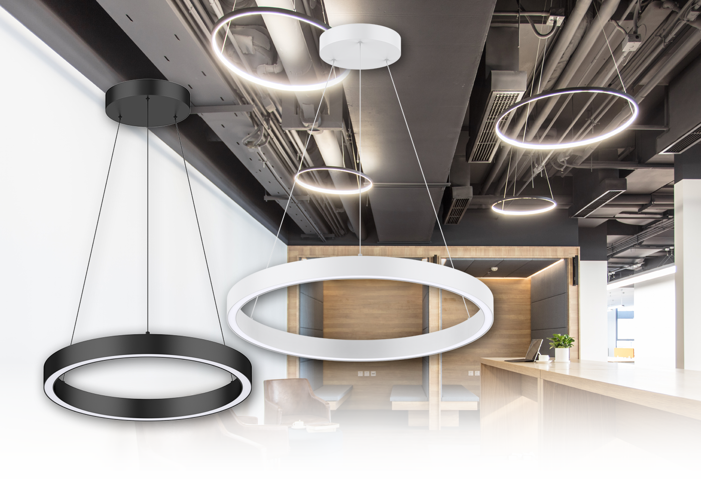 LED Pendelleuchte CENORA rund in schwarz und weiß, Anwendung Lounge-Ecke