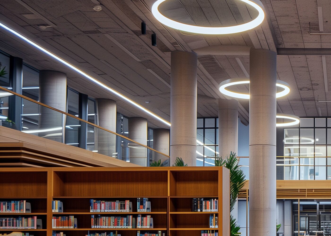 LED Pendelleuchte CENORA rund kombiniert mit Linearleuchte CENORA in der Anwendung Bibliothek