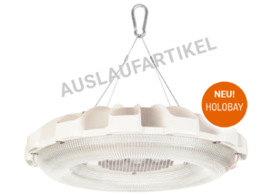 Auslaufartikel - Seitliche Ansicht LED Hallenleuchte HALOPRISM™ mit großem Glasrefraktor und weißem Aluminiumgehäuse