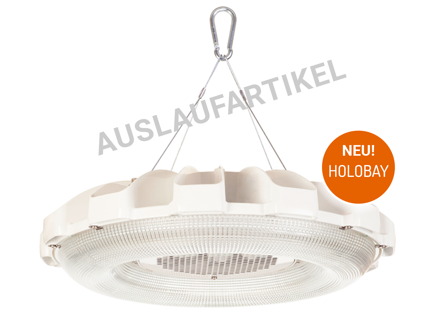 Auslaufartikel - Seitliche Ansicht LED Hallenleuchte HALOPRISM™ mit großem Glasrefraktor und weißem Aluminiumgehäuse