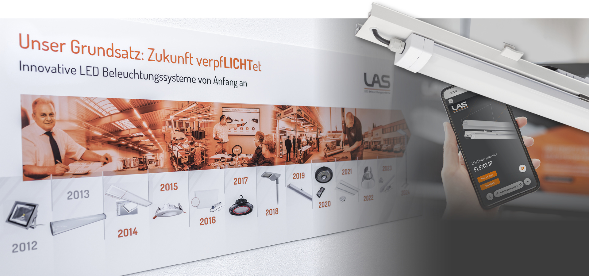 Collage 2025 mit Jubiläumstafel, Ansicht Website-Relaunch und LED Universalmodul FLEXO IP